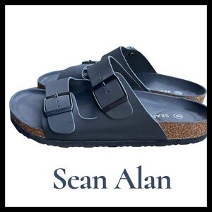 Sean Alan Black Unisex Leather Cork Footed 2 Strap Adjustable Sandal (M9/W10.5)